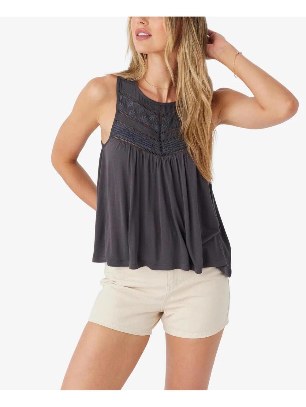 O'Neill Tonkeena Knit Tank Top Dark Grey Flowy Top Boho-Chic Crochet Trim Sz M